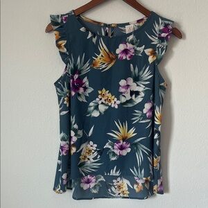 BOUTIQUE Blue Tropical Floral Print Flutter Sleeve Top